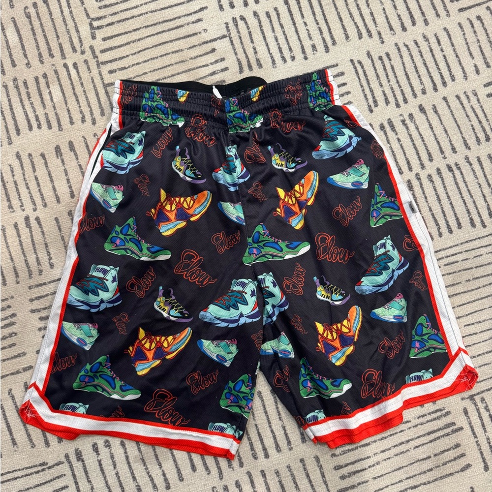 Kids Graphic Sneaker Print Shorts - Black with Red Trim